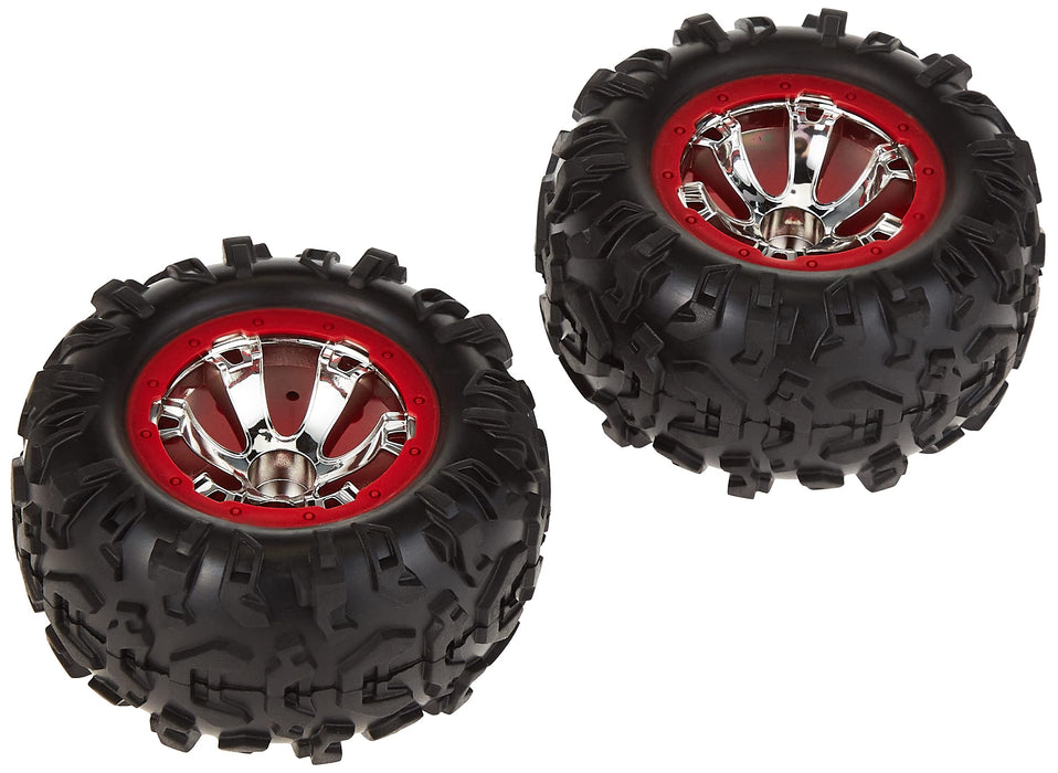 Traxxas 7272 1/16th Scale Canyon AT Tires Pre-Glued on Chrome Geode Wheels Red Beadlock-style (pair)