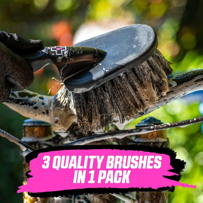 Muc-Off 220 3 Piece Premium Brush Kit - Includes 3 Bike Cleaning Brushes With Durable Nylon Bristles And Ergonomic Rubberised Handles To Minimise Impact