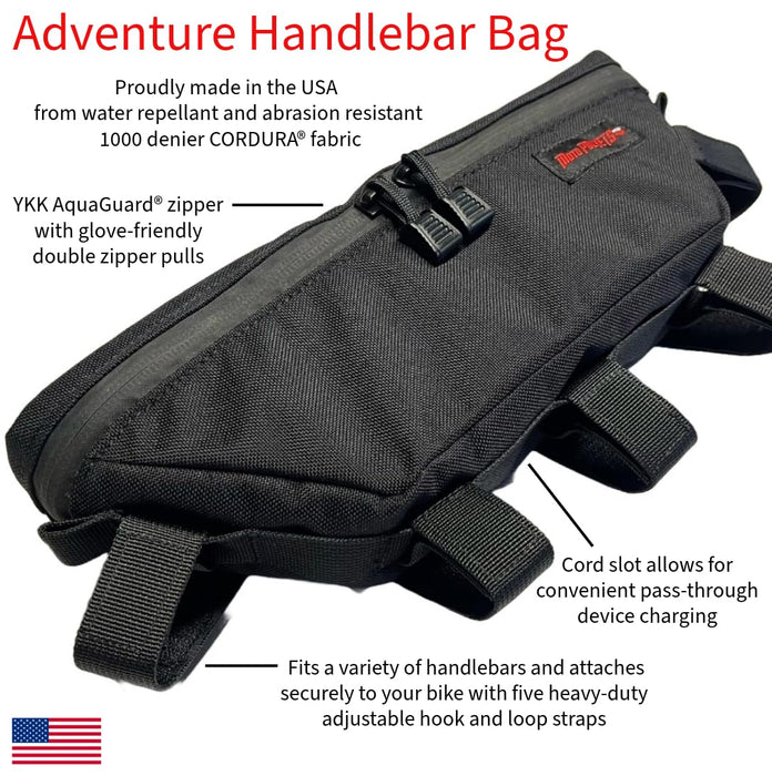 Moto Pockets Adventure Motorcycle Handlebar Bag. YKK AquaGaurd Zipper, 1000D Cordura Shell, Weather & Dust Resistant. Proudly Made in the USA!