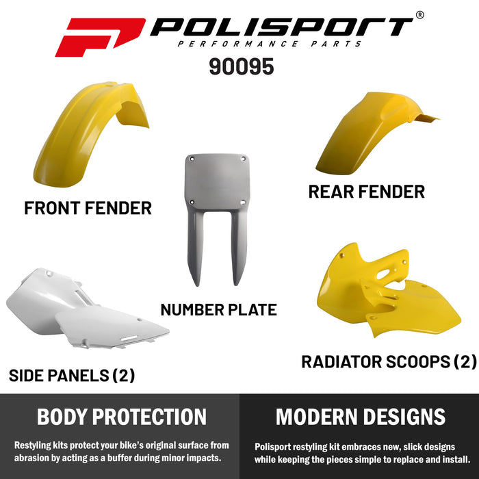 Polisport Full Plastic Kit for Suzuki RMZ125/250 (2001-2008) OEM Quality Restyling Kit with Superior Fit, Flexibility, and Durability (Yellow/White)