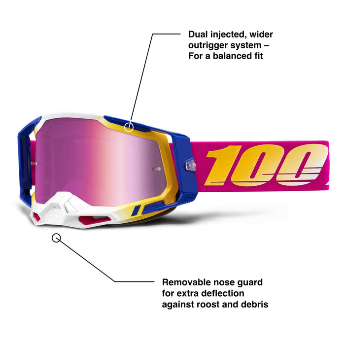 100% Racecraft 2 Mountain Bike & Motocross Goggles - MX and MTB Racing Protective Eyewear (Mission - Mirror Pink Lens)