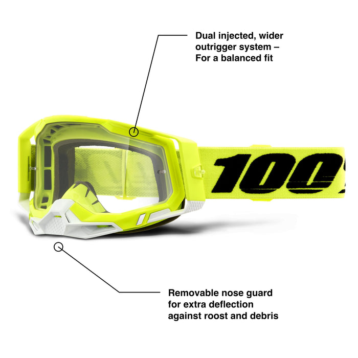 100% Racecraft 2 Mountain Bike & Motocross Goggles - MX and MTB Racing Protective Eyewear (Yellow - Clear Lens)