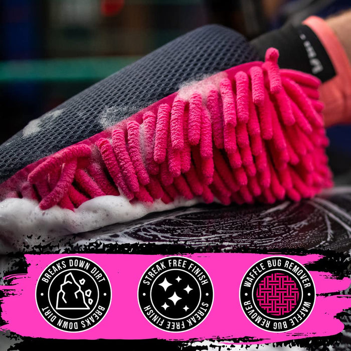 Muc-Off 2-in-1 Microfiber Wash Mitt - Wash Mitt for Car Washing and Bike Cleaning - Chenille Cleaning Mitt with Waffle Sponge for Bugs and Tar