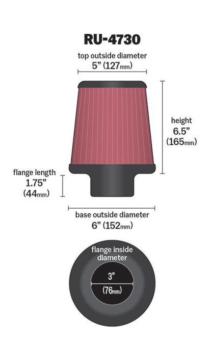 K&N Filter 3 inch Flange 6 inch Base 5 Top 6 1/2 inch Height RU-4730