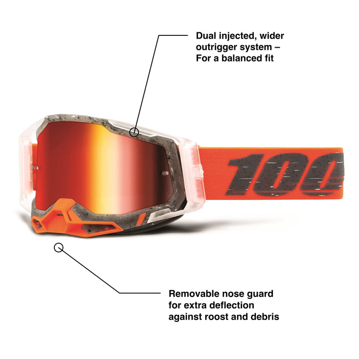 100% Racecraft 2 Mountain Bike & Motocross Goggles - MX and MTB Racing Protective Eyewear (Schrute - Mirror Red Lens)