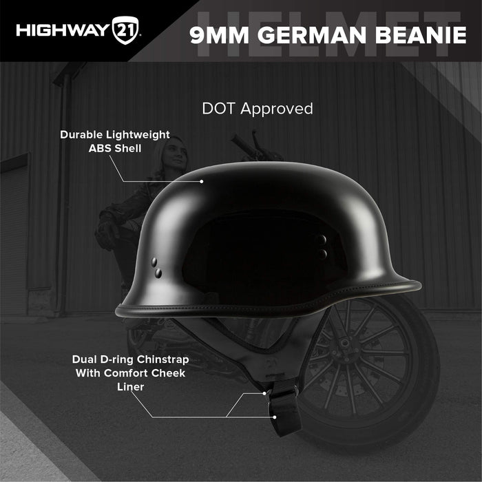 Highway 21 Motorcycle 9mm Half Helmet (German Style) (Matte Black, X-Large)