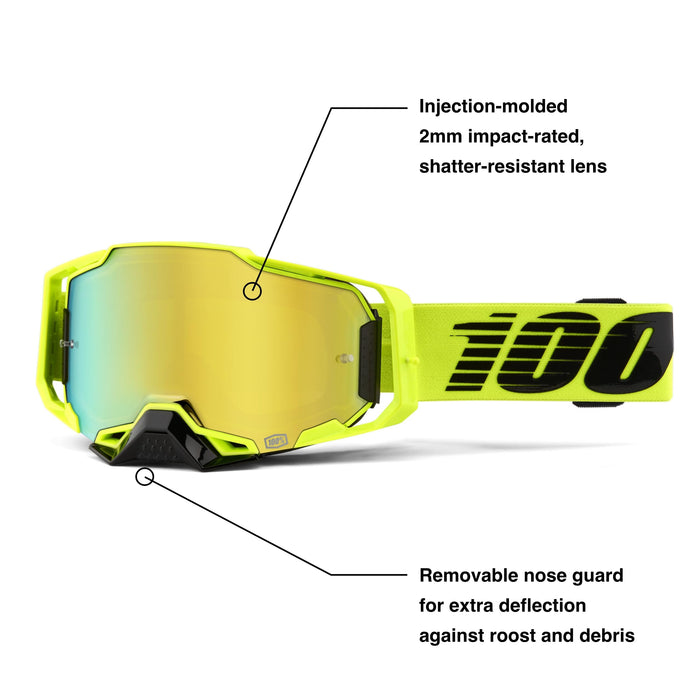 100% ARMEGA Premium Protective Sport Goggles with Ultra HD Lens & Nose Guard (Nuclear Citrus - Mirror Gold Lens)