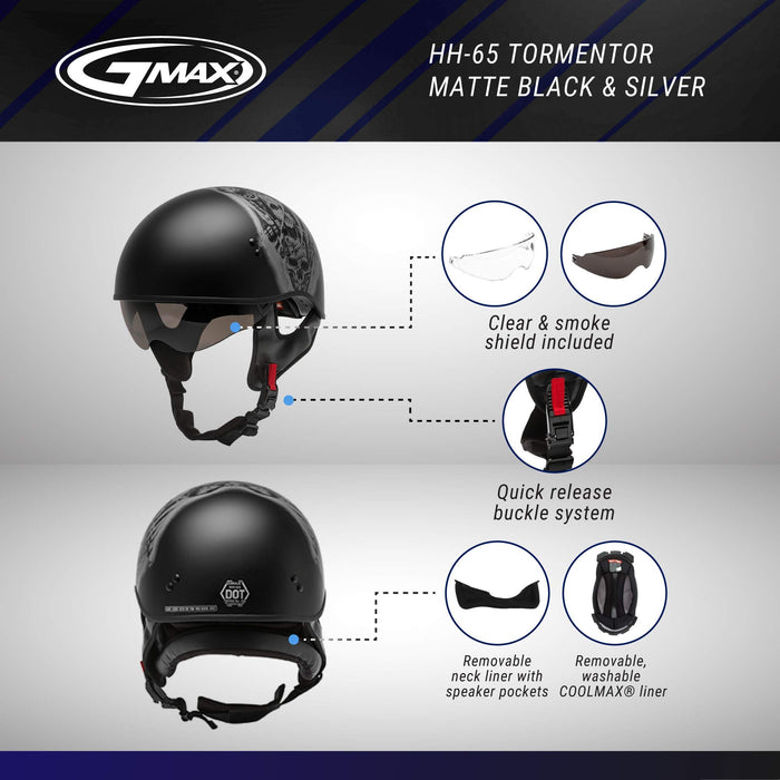 GMAX HH-65 Naked DOT Approved Half Helmet for Motorcycle, Moped, Scooter and More