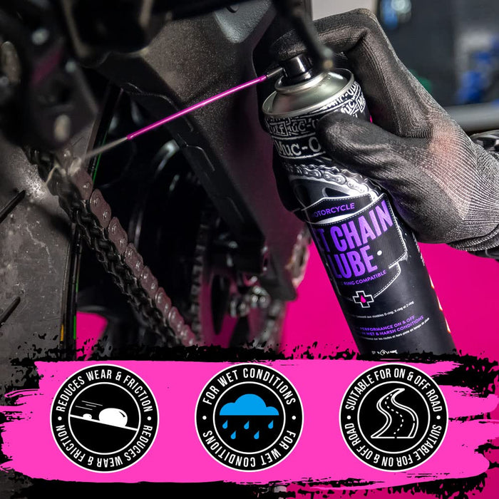 Muc Off Wet Motorcycle Chain Lube, 400 Milliliters - Premium Motorbike Chain Lubricant Spray - Formulated for Wet Weather Conditions