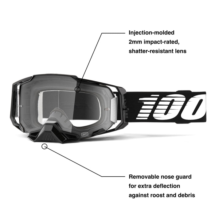 100% ARMEGA Premium Protective Sport Goggles with Ultra HD Lens & Nose Guard (Black - Clear Lens)