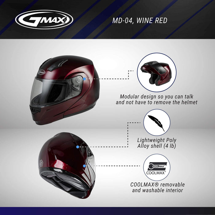 GMAX MD-04, DOT Approved Modular Helmet for Motorcycles, Scooters, Spyders, Mopeds and More (Wine RED)