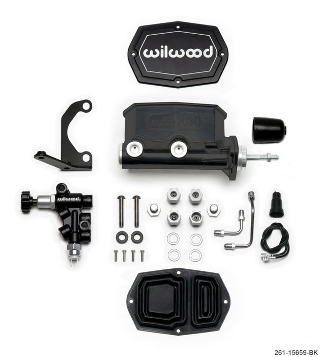 Wilwood Compact Tandem M/C 7/8in Bore w/RH Bracket and Valve (Pushrod) Black 261-15659-BK