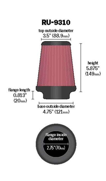K&N Universal Clamp-On Air Filter 2-3/4in FLG / 4-3/4in B / 3-1/2in T / 5-7/8in H RU-9310
