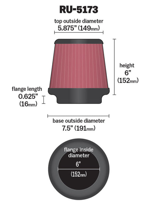 K&N Universal Clamp-On Air Filter 6in FLG / 7-1/2in B / 5-7/8in T / 6in H RU-5173