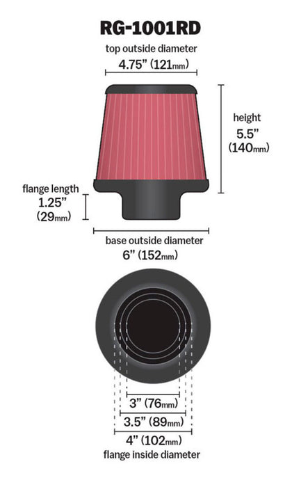 K&N Universal Air Filter Chrome Round Tapered Red 4in Flange ID x 1.125in Flange Length x 5.5in H RG-1001RD