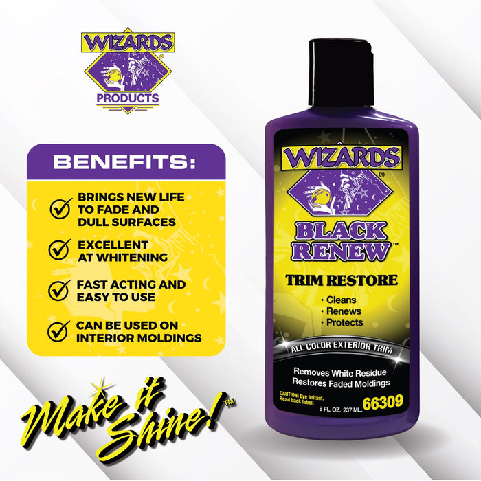 Wizards Black Renew Trim Restorer Treatment - Removes White Residue and Restores Faded Moldings -Car Interior Detailing Kit For All Smooth and Textured Trim, Plastic and Rubber Surfaces - 8 oz