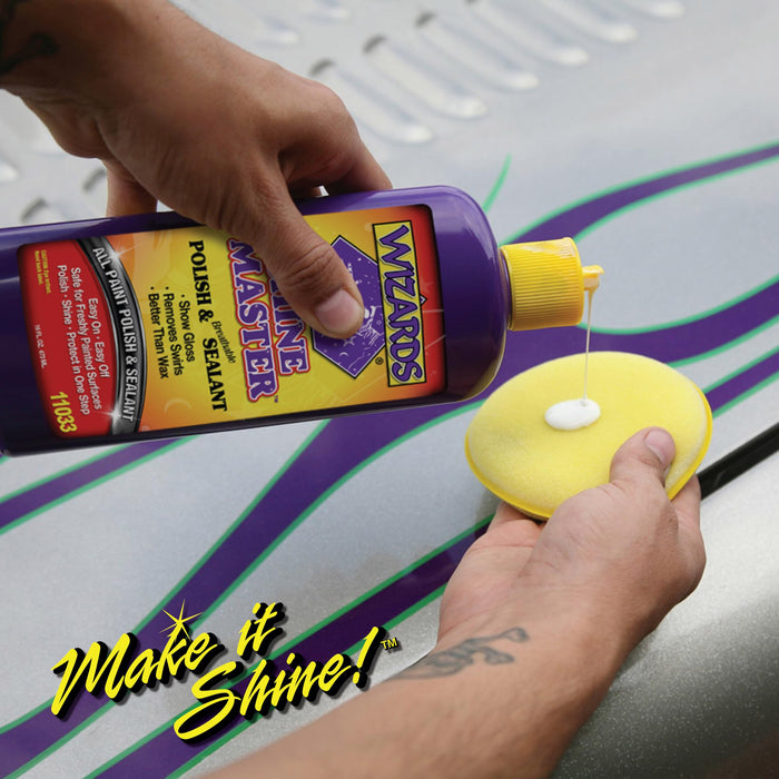 Wizards Shine Master Polish and Sealant - Cleans, Polishes and Seals Paint in One - Non-Carnauba Wax-Based Boat Water Spot Remover - Wax Replacement for Boat and Car Detailing Supplies - 16 oz