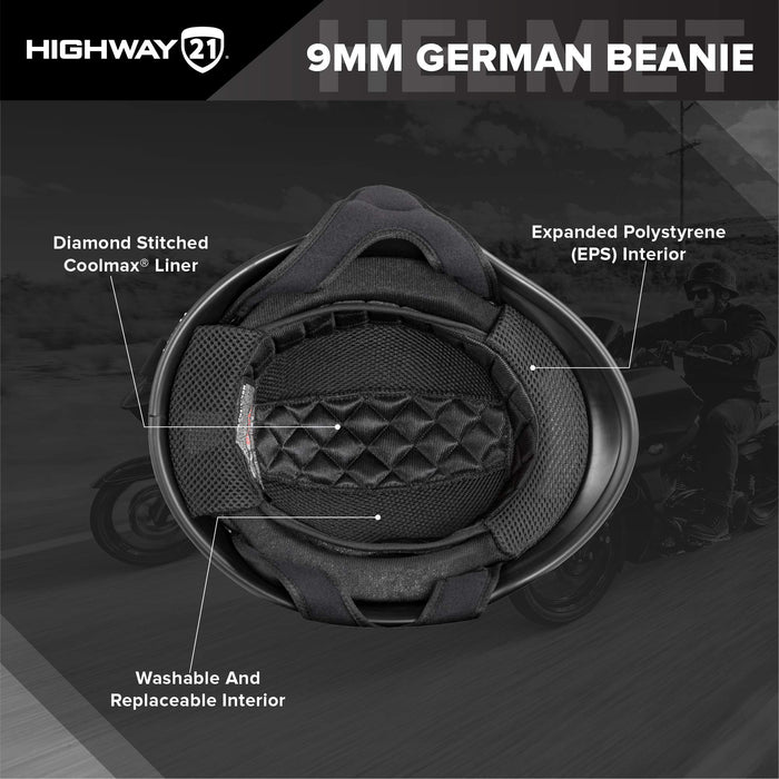 Highway 21 Motorcycle 9mm Half Helmet (German Style) (Matte Black, 3X-Large)