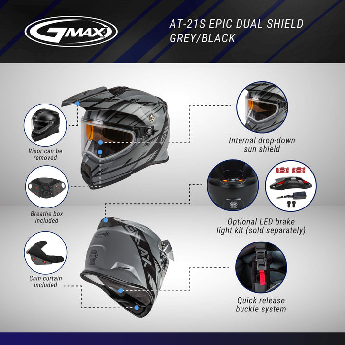 GMAX AT-21S Adventure Dual Lens Shield Snow Helmet (Matte Grey/Black, Large)