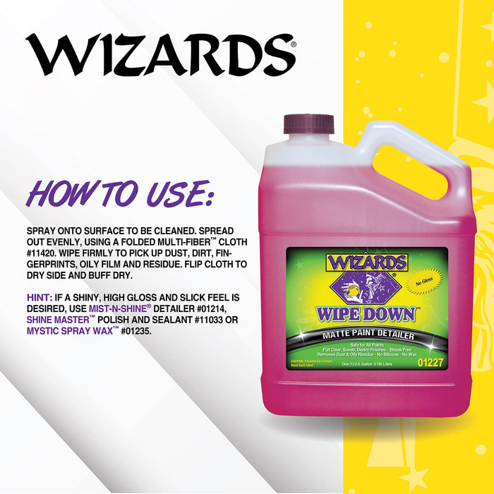 Wizards Wipe Down Spray - Matte Spray Paint Wrap For Cars - Auto Detailing Supplies For Flat Clear, Suede and Denim Finishes - Removes Dust and Oily Residue - Safe For All Paints - 1 Gallon