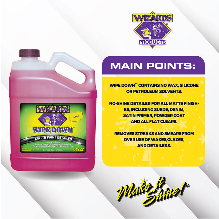 Wizards Wipe Down Spray - Matte Spray Paint Wrap For Cars - Auto Detailing Supplies For Flat Clear, Suede and Denim Finishes - Removes Dust and Oily Residue - Safe For All Paints - 1 Gallon