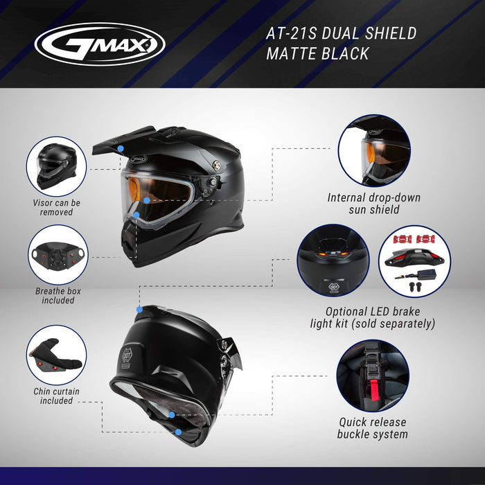 GMAX AT-21S Solid, Electric Shield Full-Face Helmet, DOT Approved for Adults and Youth (Matte Black, S)