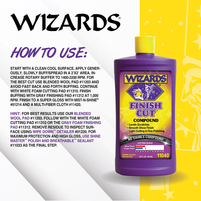 Wizards Finish Cut Compound - Levels Scratches and Brightens Dull Finishes with Smooth Show Finish - Non-Greasy and Water Based with Easy Clean-Up - Marine Compound and Finishing Material - 32 oz