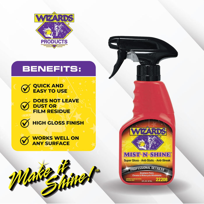 Wizards Mist-N-Shine Professional Detailer - Multi-Use Glass Cleaner for Vehicles - Adds Gloss to Paint, Chrome and Glass - 8 oz Detail Spray - Made in USA