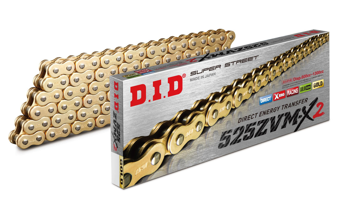 DID 525ZVMX2G120 (525 Series) ZVM-X2 Gold/Gold 120 Link High Performance X-Ring Chain with Connecting Link