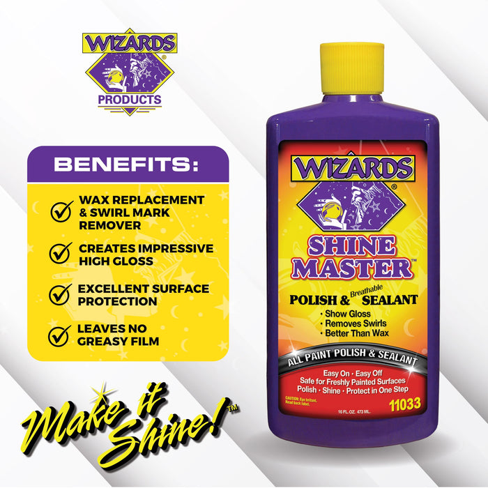 Wizards Shine Master Polish and Sealant - Cleans, Polishes and Seals Paint in One - Non-Carnauba Wax-Based Boat Water Spot Remover - Wax Replacement for Boat and Car Detailing Supplies - 16 oz