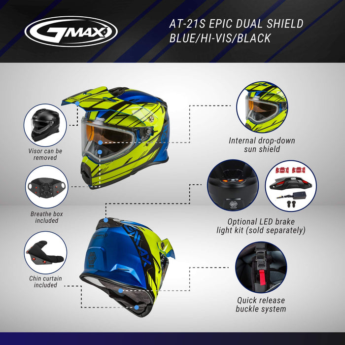 GMAX AT-21S Adventure Dual Lens Shield Snow Helmet (Blue/Hi-Vis/Black, X-Large)