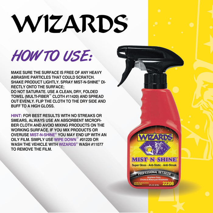 Wizards Mist-N-Shine Professional Detailer - Multi-Use Glass Cleaner for Vehicles - Adds Gloss to Paint, Chrome and Glass - 8 oz Detail Spray - Made in USA