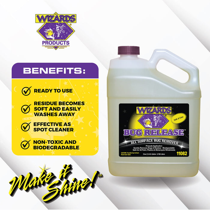 Wizards Bug Release - All Surface Bug Remover and Wash for All Vehicles - Softens and Neutralizes Acidic Bug Protein - Doubles as Spot Cleaner and Pre-Soak Car Cleaner - 1 Gallon