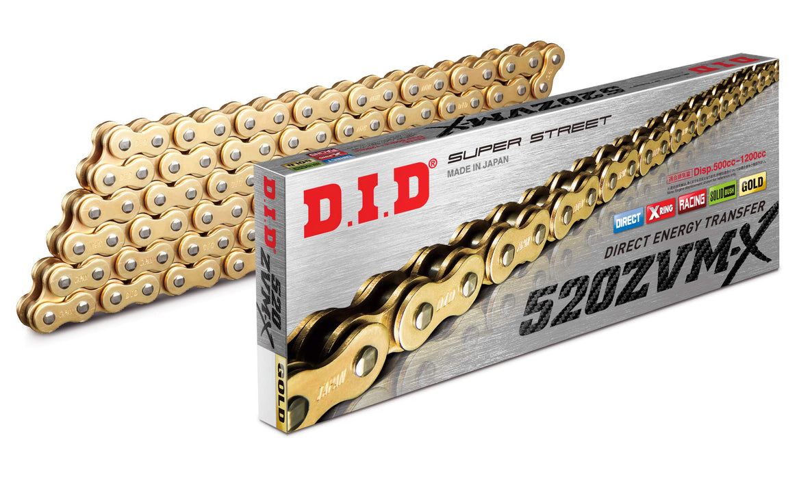 DID X-ring chain 520 ZVMX Chain 120 Links (Gold), Open, with Rivet Link