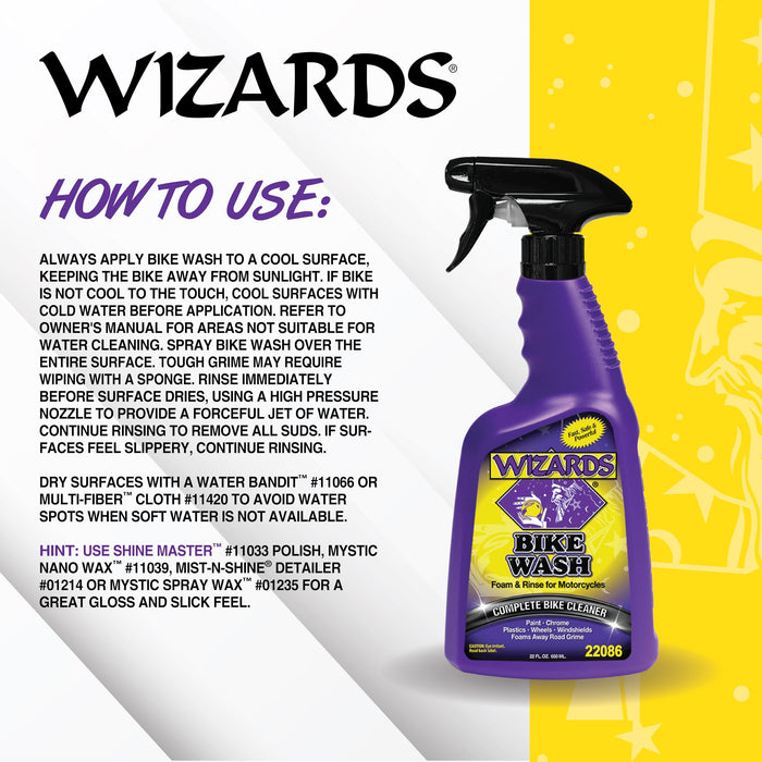 Wizards Bike Wash - Cleaner For Motorcycle Washing Kit- Quick Detailer for Bike Kit with Bug Remover - For Your Motorcycle Accessories and Detail Kit - 22 oz