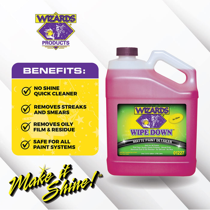 Wizards Wipe Down Spray - Matte Spray Paint Wrap For Cars - Auto Detailing Supplies For Flat Clear, Suede and Denim Finishes - Removes Dust and Oily Residue - Safe For All Paints - 1 Gallon