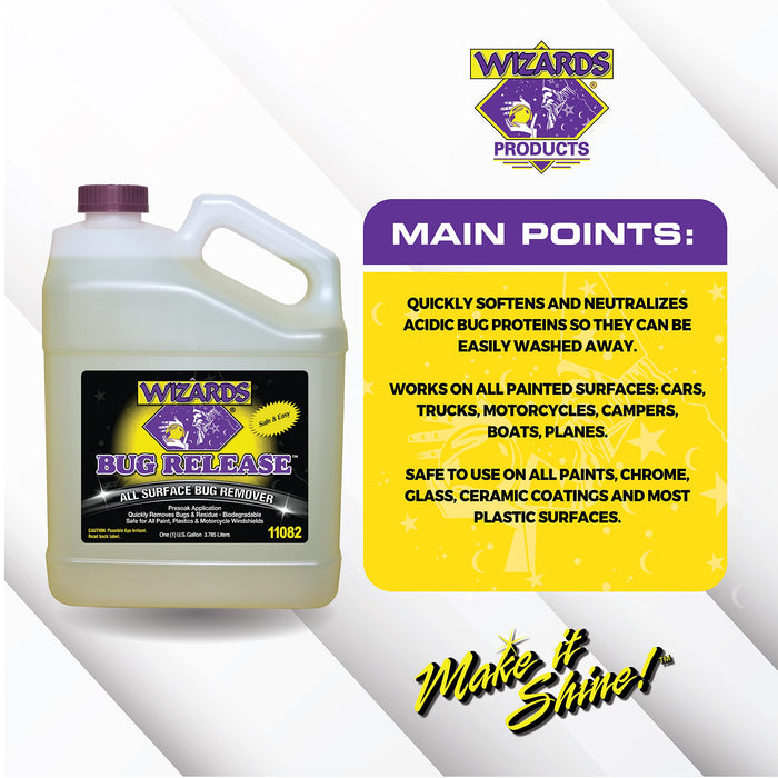 Wizards Bug Release - All Surface Bug Remover and Wash for All Vehicles - Softens and Neutralizes Acidic Bug Protein - Doubles as Spot Cleaner and Pre-Soak Car Cleaner - 1 Gallon