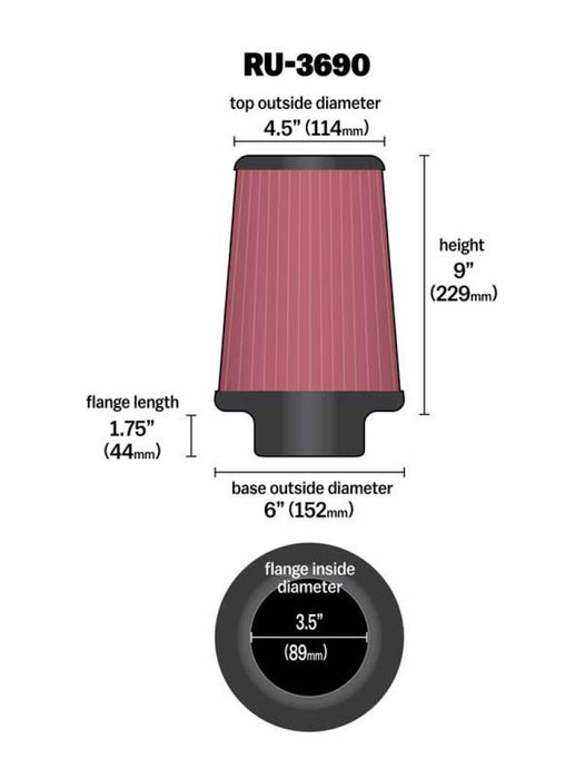 K&N Universal Clamp-On Air Filter 3-1/2in FLG / 6in B / 4-1/2in T / 9in H RU-3690