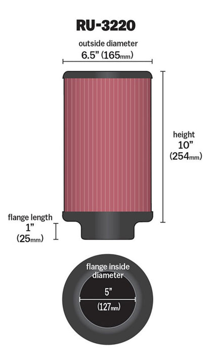 K&N Filter Universal Rubber Filter 5in Flange ID / 6.5in OD / 10in Height RU-3220