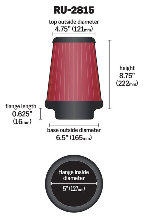 K&N Universal Clamp-On Air Filter 5in FLG / 6-1/2in B / 4-3/8in T / 8-3/4in H RU-2815