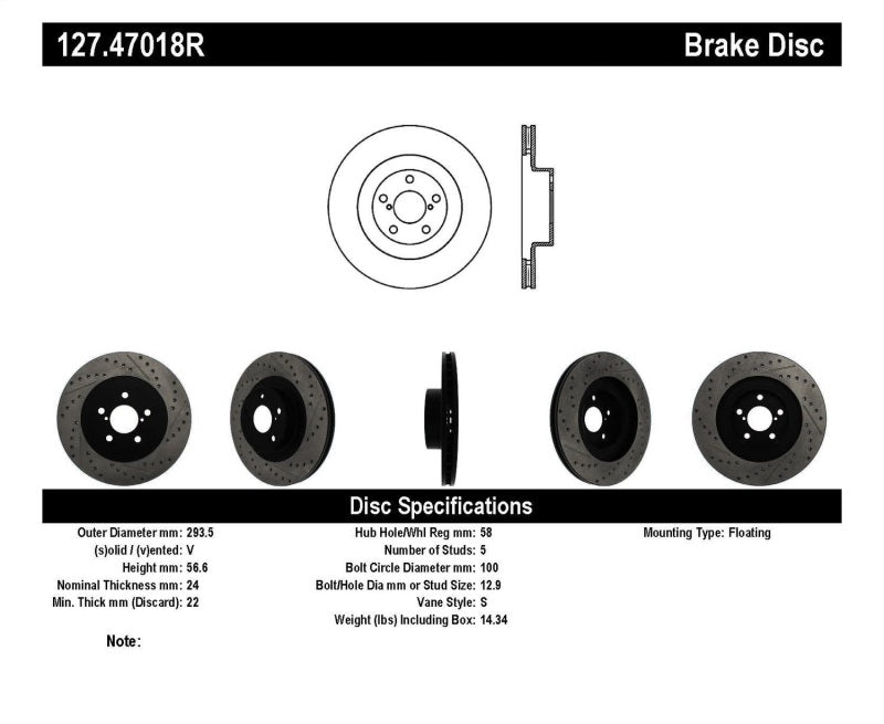 StopTech 02-10 Subaru WRX Slotted & Drilled Right Front Rotor (exc. STi) 127.47018R