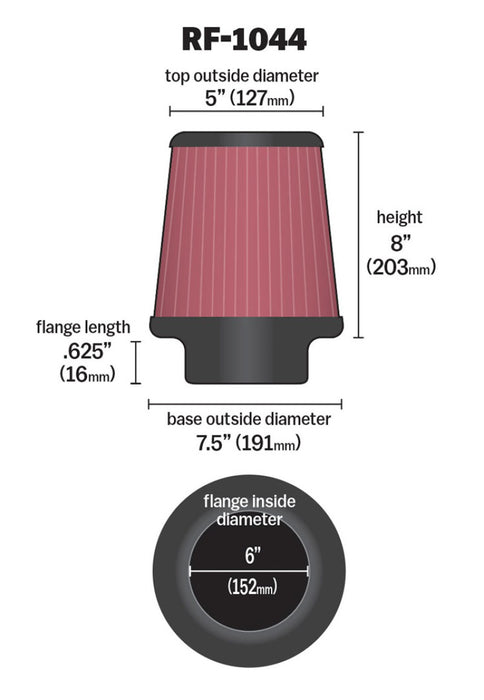 K&N Round Tapered Universal Air Filter 6 inch Flange 7.5 inch Base 5 inch Top 8 inch Height RF-1044