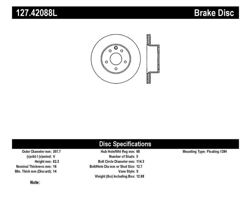 StopTech 06-07 350Z / 05-07 G35 / 06-07 G35X SportStop Slotted & Drilled Rear Left Rotor 127.42088L