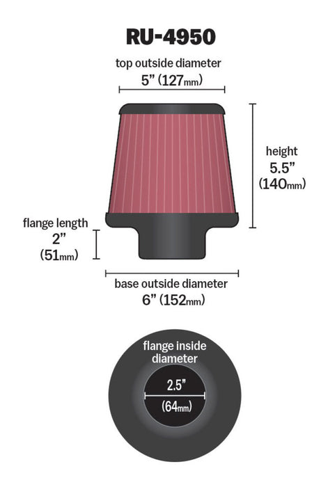 K&N Filter Universal Rubber Filter 2 1/2 inch Flange 6 inch Base 5 inch Top 5 1/2 inch Height RU-4950