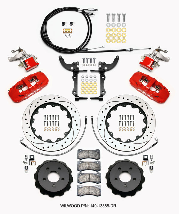 Wilwood AERO4 / MC4 Rear Kit 14.00 Drilled Red 2015-Up Mustang w/Lines & Cables 140-13888-DR