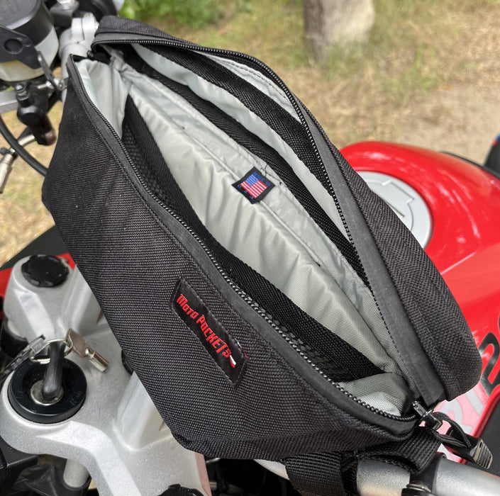 Moto Pockets Adventure Motorcycle Handlebar Bag. YKK AquaGaurd Zipper, 1000D Cordura Shell, Weather & Dust Resistant. Proudly Made in the USA!