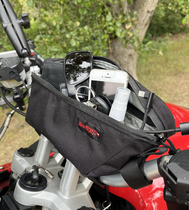 Moto Pockets Adventure Motorcycle Handlebar Bag. YKK AquaGaurd Zipper, 1000D Cordura Shell, Weather & Dust Resistant. Proudly Made in the USA!