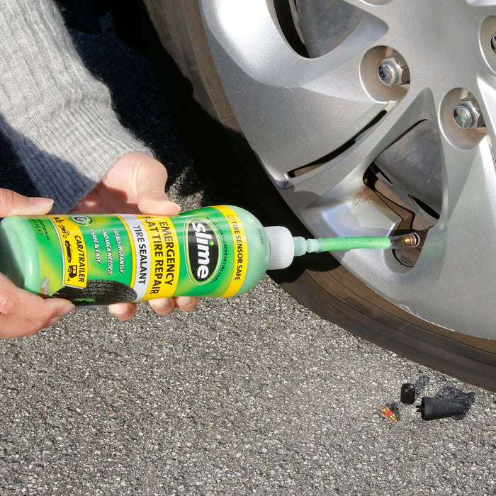 Slime 10011 Flat Tire Puncture Repair Sealant, Emergency Repair for highway vehicles, suitable for Cars/Trailers, Non-toxic, eco-friendly, 16 oz bottle