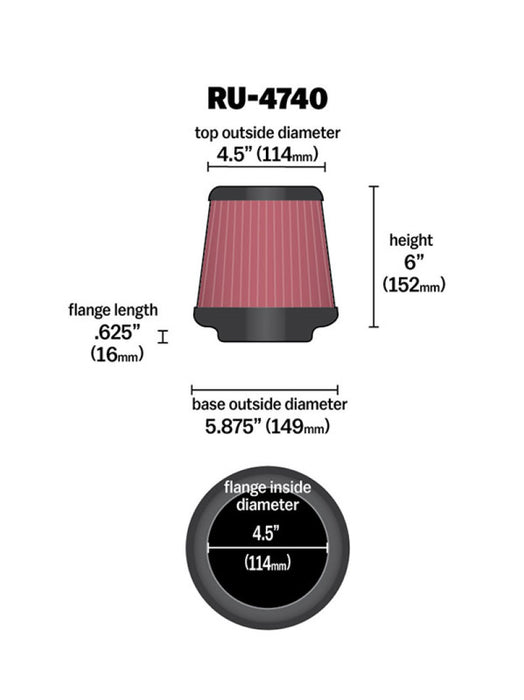 K&N Filter Universal Rubber Filter Round Tapered 4.5in Flange 5.875in Base 4.5 inch Top 6in Height RU-4740