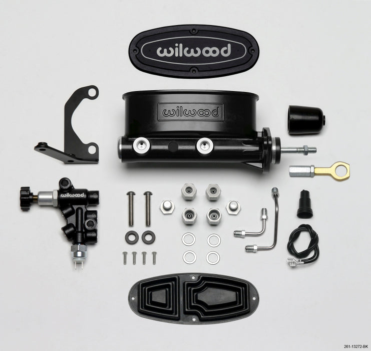 Wilwood HV Tandem M/C Kit w L/H Bracket & Prop Valve 7/8in Bore Black-W/Push. Early Mustang 261-13272-BK